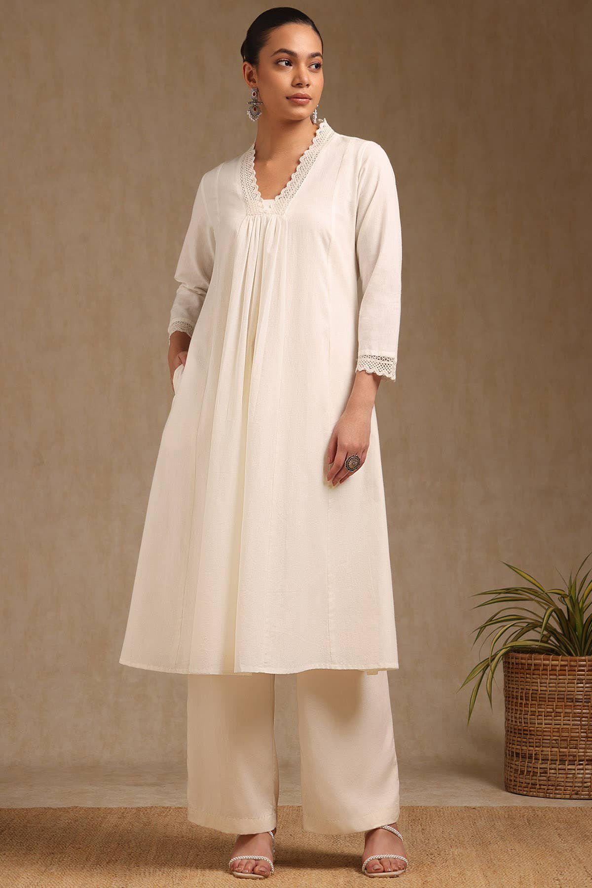 Off White Cotton Solid V-Neck Lace Inserts A-Line Kurta With Front Pleats - Image 2