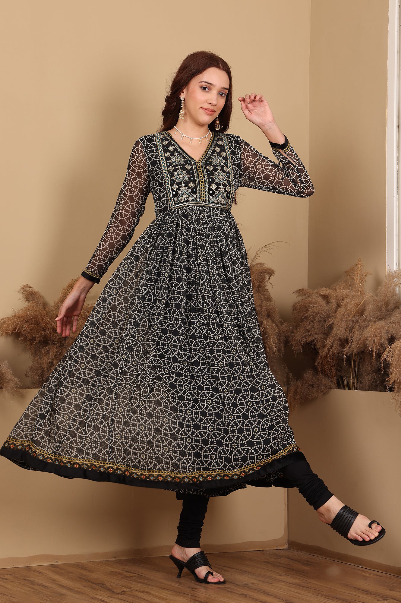 Black Printed Gathered Chiffon Kurta With Embroidery, Churidar And Dupatta Set - Image 4