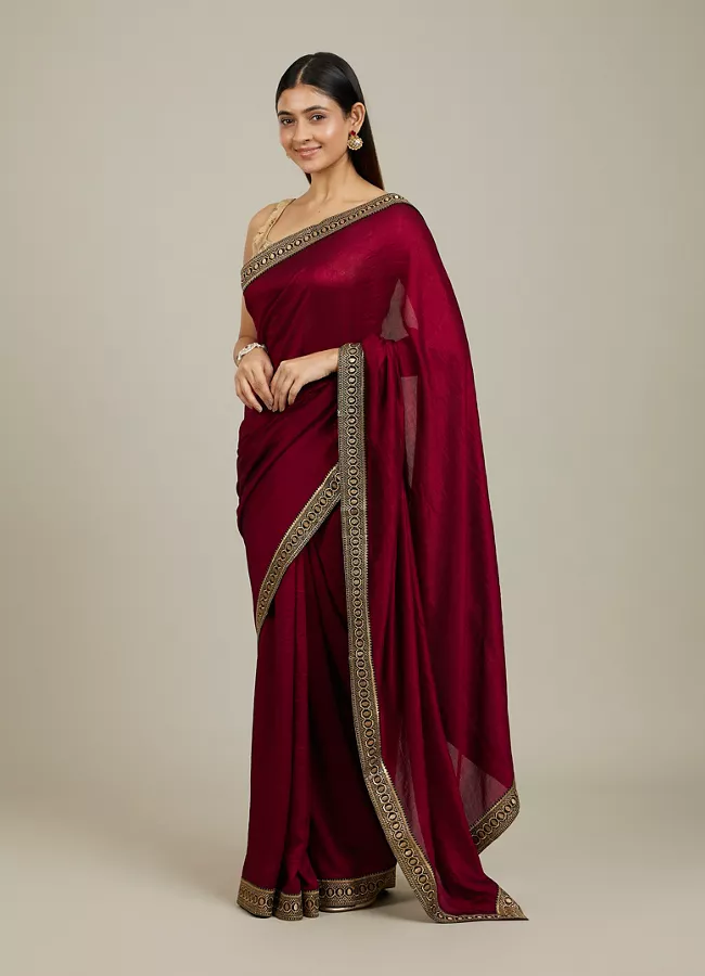 Rose Red Embroidered Border Saree
