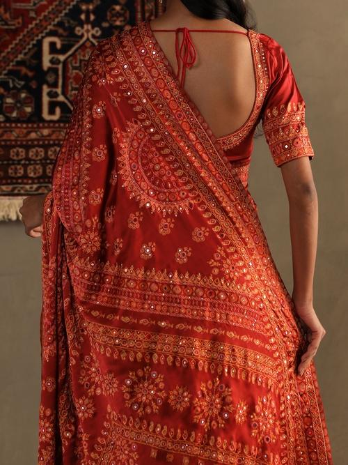 Lava Red Darpan Saree With Unstitched Blouse - View 2