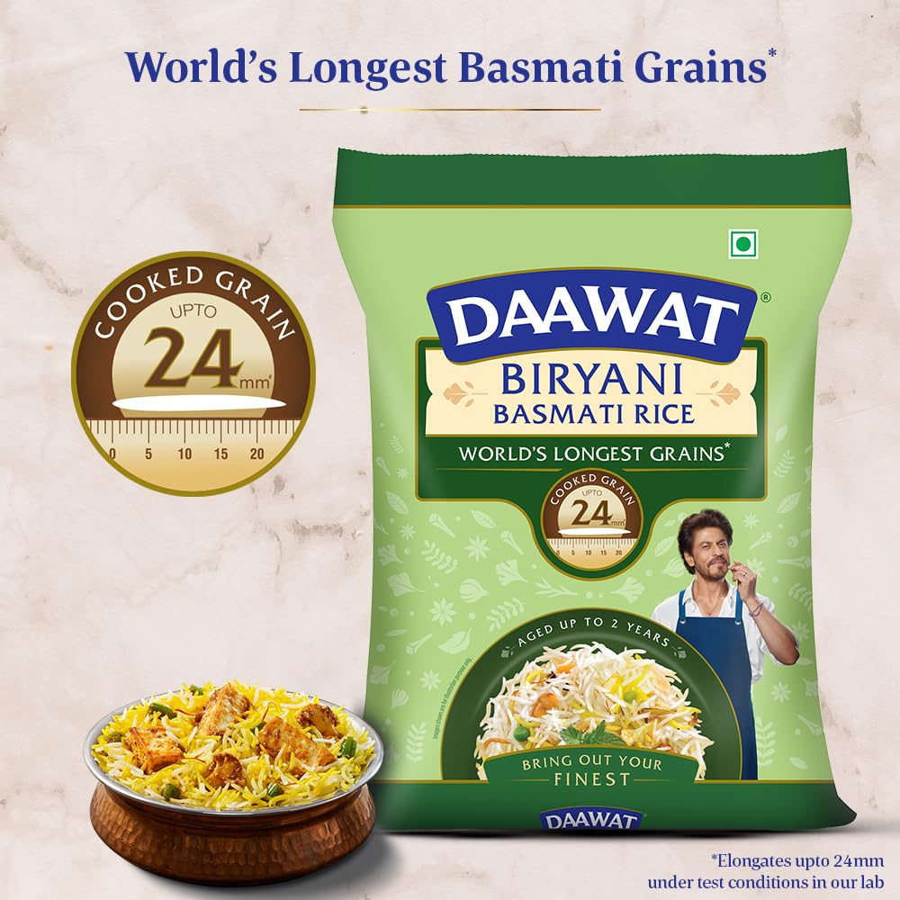5 Kg Daawat Biryani Basmati Rice | World s Longest Rice Grain expands 24mm* | Tasty, Non-sticky &amp; Rich Aroma |Naturally Aged