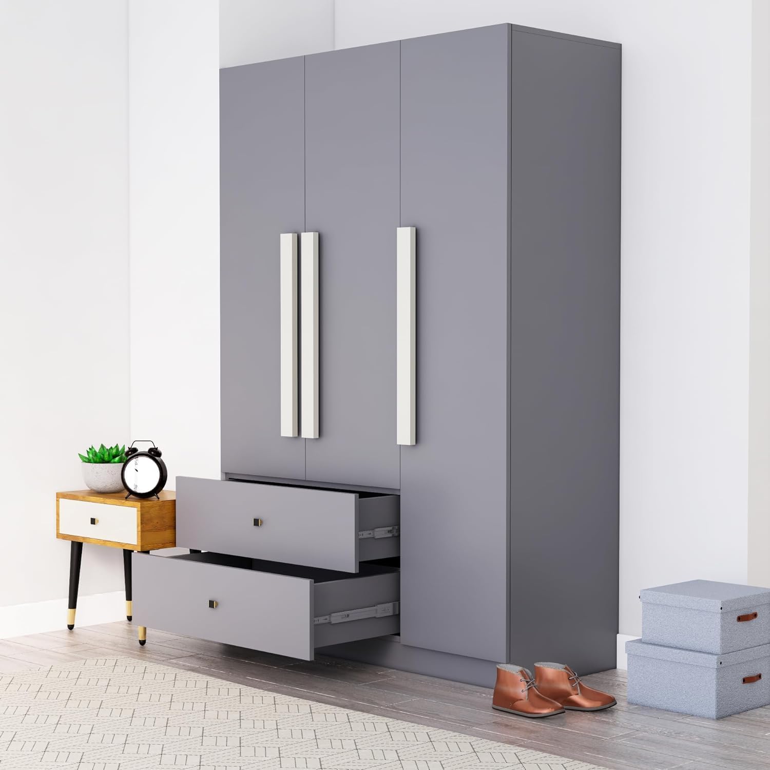 Bniture Wooden Almirah for Clothes, Door for Bedroom, 3 Door Wardrobe with 2 Drawer &amp; Hanging Space (40D x 120W x 180H CM) | 3 Year Warranty (Giant Wood &amp; Slate Grey) - View 5